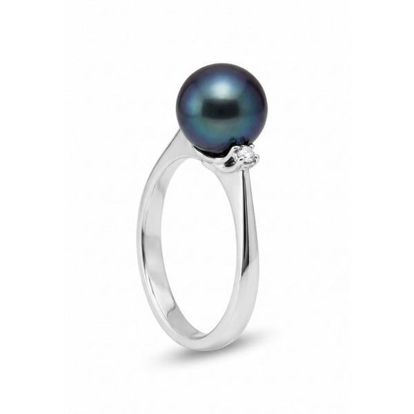 Ring - Pärlor & Färger - Sötvattenspärla 8-9 mm - Svart Tahiti - Vitt Guld 375/1000 - Diamant