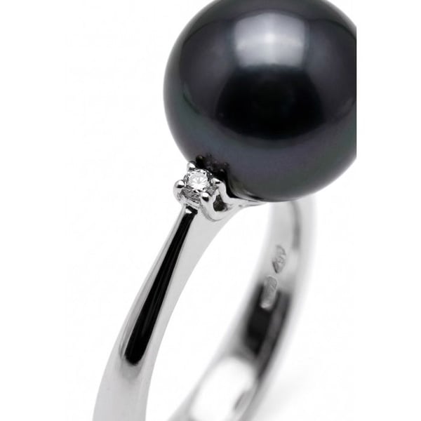 Ring - Pärlor & Färger - Sötvattenspärla 8-9 mm - Svart Tahiti - Vitt Guld 375/1000 - Diamant