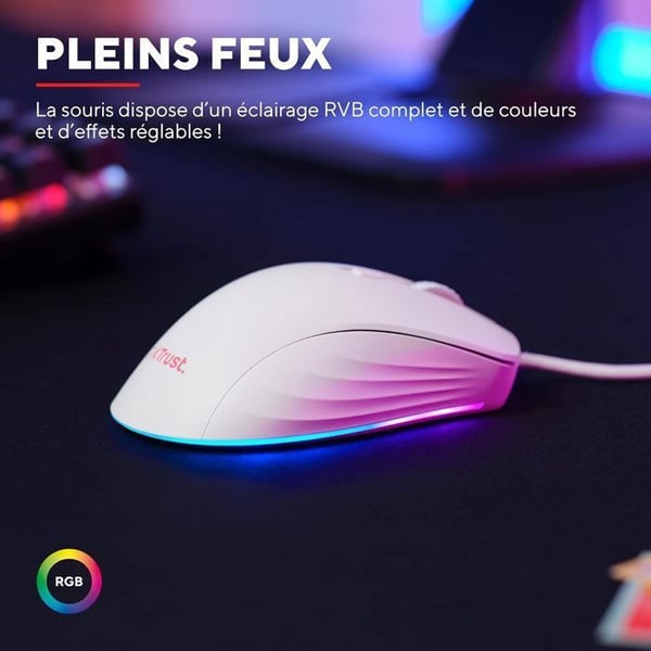 Trust Gaming GXT 924W Ybar+ Gamer, 25600 DPI, 50 % återvunnen plast, 25K optisk sensor, RGB, 6 knappar, USB - vit