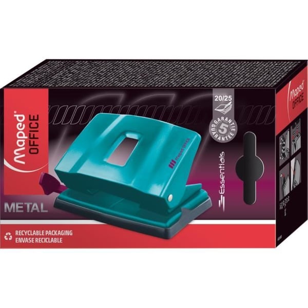 Maped - 2-huls hulmaskine Essentials Metal - Hulmaskine til 20 til 25 ark - Med lineal og konfetti-opbevaring - Blå