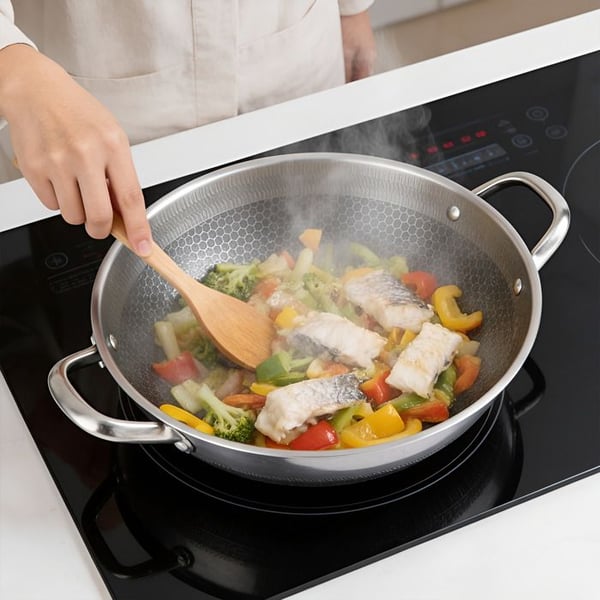 Wok 40cm - CHEFFINGER - Biereum - Inox 18/10 - Lock av Härdat Glas - Repfria