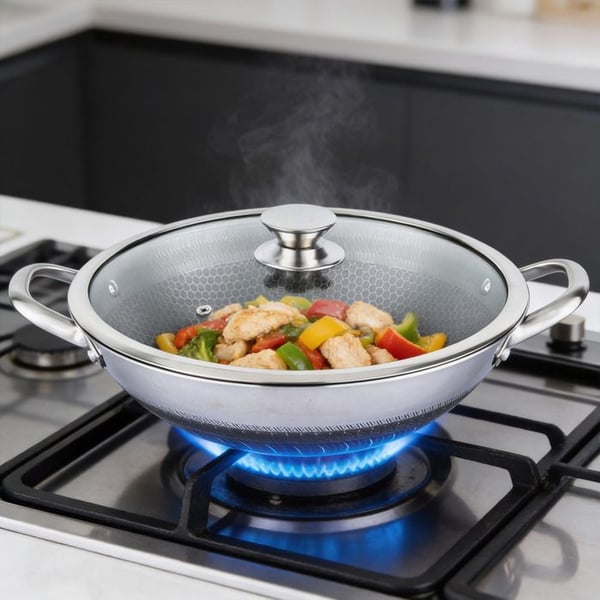 Wok 40cm - CHEFFINGER - Biereum - Inox 18/10 - Lock av Härdat Glas - Repfria