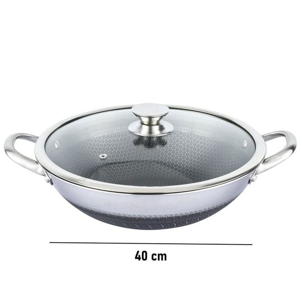 Wok 40cm - CHEFFINGER - Biereum - Inox 18/10 - Lock av Härdat Glas - Repfria
