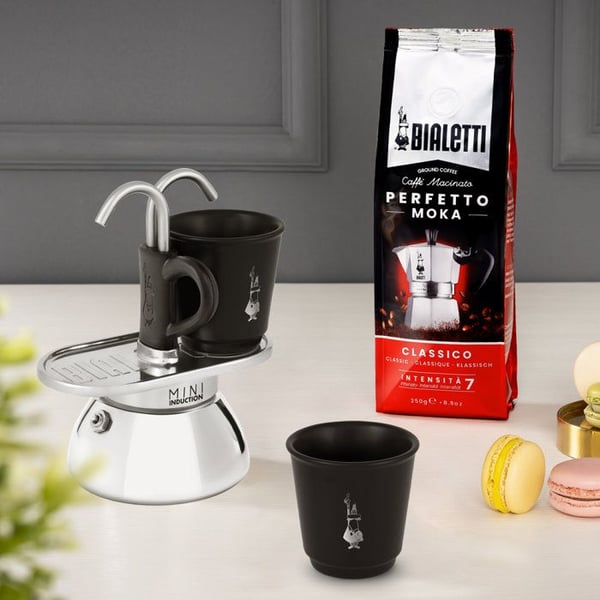 Sæt italiensk kaffekande + 2 kopper - BIALETTI - Mini-induktion - 100 ml - Rustfrit stål / Sort