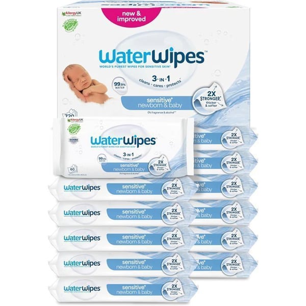 Våtservetter Baby WaterWipes Sensitive+ Nyfödda & Baby - Pack 12 x 60 enheter - 99,9% vatten, utan parfym
