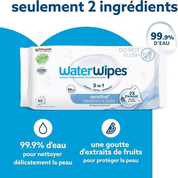 Våtservetter Baby WaterWipes Sensitive+ Nyfödda & Baby - Pack 12 x 60 enheter - 99,9% vatten, utan parfym
