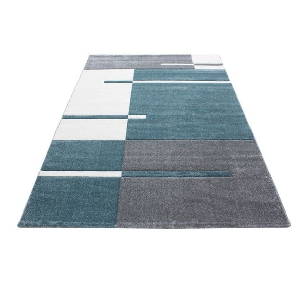 Kortluggad matta, Rutig mönster, Blå färg, Matta för vardagsrum, Jutebaksida (Dimension: 240X340 cm)