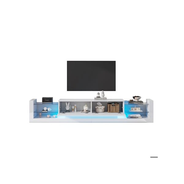 TV-møbel - MUVOE - 181 cm - LED-belysning - 2 skuffer - Blank hvid