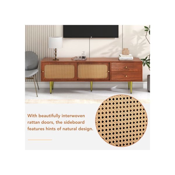 TV-møbel - MUVOE - 160 cm - 2 skuffer - 2 glidende døre - Syntetisk rattan