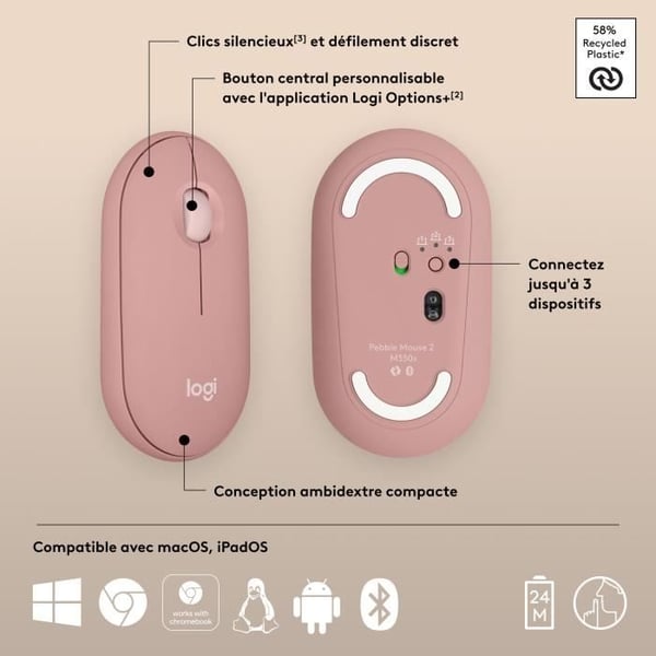 Mus - Trådlös - Logitech - Pebble Mouse 2 M350s - Rosa