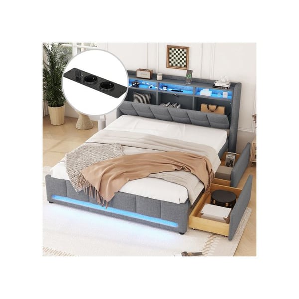 Lit - MUVOE - 140 x 200 cm - Integroitu säilytys - LED-valaistus - USB-liitäntä