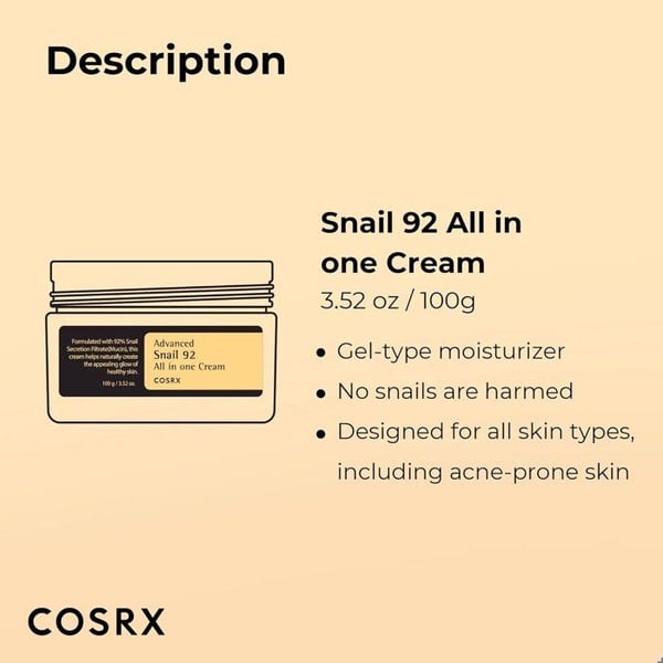 Fugtgivende creme - Cosrx - ADVANCED SNAIL 92 - 100 g - Alle hudtyper - Creme tekstur