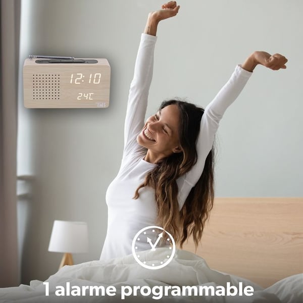 T’nB – Digital väckarklockaradio med LED, 1 programmerbart larm, justerbar belysning, FM-radiostationer – Träfinish