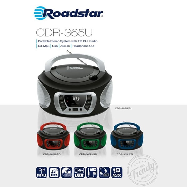 Radio CD Bärbar Digital FM PLL, CD-spelare, CD-R, CD-RW, MP3, USB, Stereo Roadstar CDR-365U/BL Svart/Blå