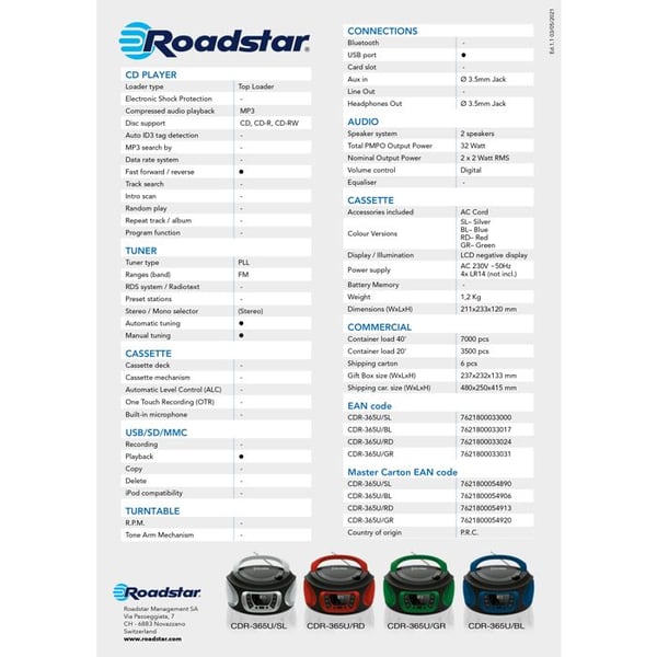 Radio CD Bärbar Digital FM PLL, CD-spelare, CD-R, CD-RW, MP3, USB, Stereo Roadstar CDR-365U/BL Svart/Blå