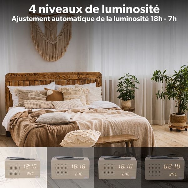 T’nB – Digital väckarklockaradio med LED, 1 programmerbart larm, justerbar belysning, FM-radiostationer – Träfinish