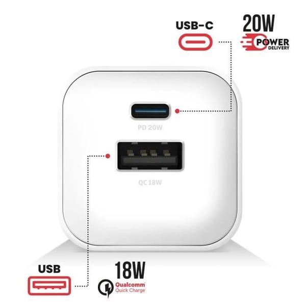 Swissten White USB C Power Delivery 20W och USB Quick Charge 18W Sektorladdare