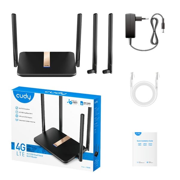 Modemrouter 4G LTE - CUDY - AC1200 - Wi-Fi meshnät 1200 Mbps - Avtagbara antenner - VPN