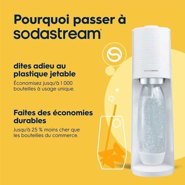 Sodamaskin och kolsyrat vatten SODASTREAM - TERRA Vit - 1 diskmaskinssäker flaska - 1 gaspatron 60L