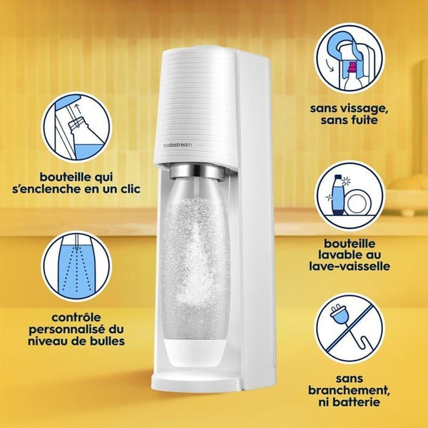 Sodamaskin och kolsyrat vatten SODASTREAM - TERRA Vit - 1 diskmaskinssäker flaska - 1 gaspatron 60L