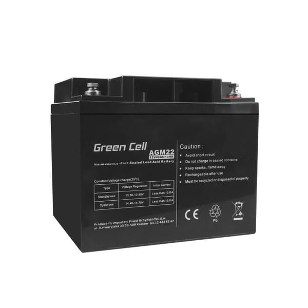 AGM VRLA-batteri - GREENCELL - 12V 40Ah - 5 års autonomi - Mått 196x165x168 mm - Färg Svart