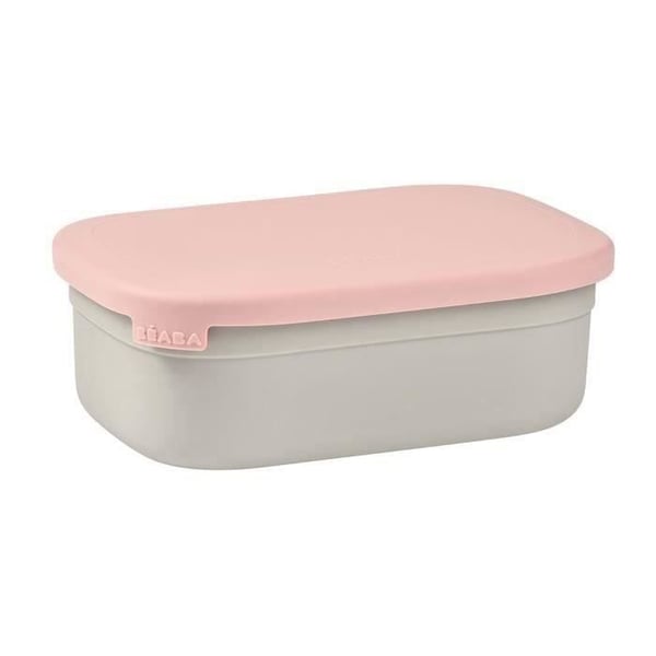 BEABA, Lasten ruostumattomasta teräksestä valmistettu lounasrasia, silikonikansi ja suojakansi, sametinharmaa ja puuterivaaleanpunainen