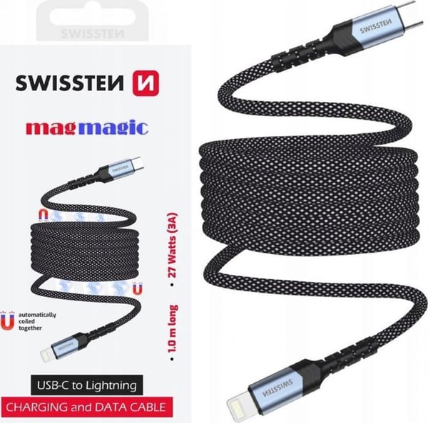 Swissten - 71551020 - Schweiz USB-C / Lightning magnetisk datakabel med automatisk inrullning 1 M