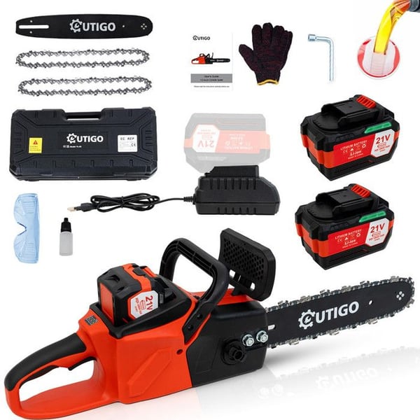 12-tums sladdlös elektrisk motorsåg, OUTIGO, Batterier 2* 4000mAh, 700w motor, 2 kedjor + 1 styrplåt.