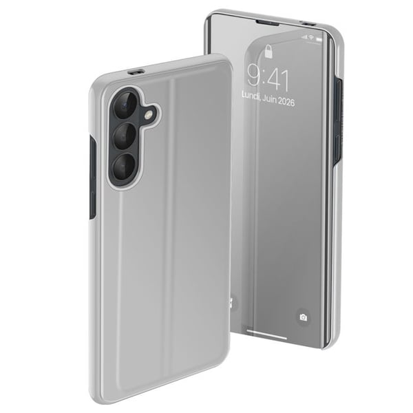 Spegelfodral för Galaxy S26 Ultra med Smart View-fönster och vikbart stativ i silver