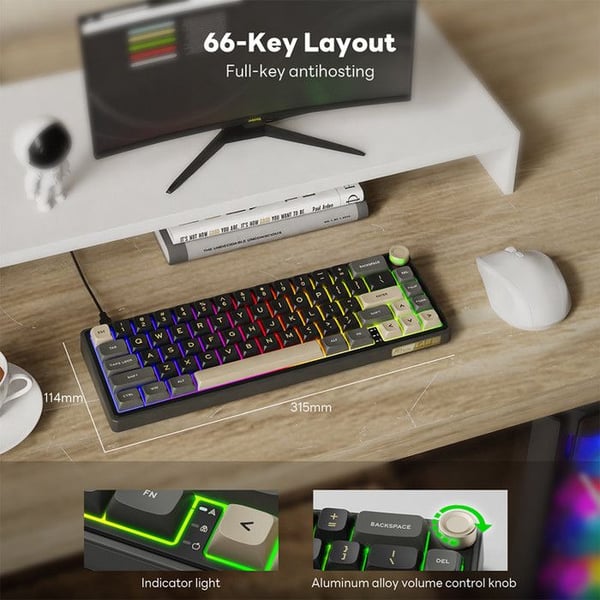 Kabelbaseret mekanisk tastatur - RK ROYAL KLUDGE - R65 - 60% hot-swappable - Rotationsknap til lydstyrke & mute - RGB baggrundsbelysning