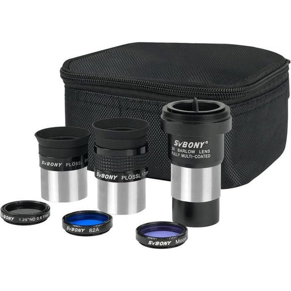 Svbony SV233 Kit för Teleskop, PLOSSL okular 6 mm, 17 mm, 2X Barlow-lins, Månfilter, ND4-filter, Färgfilter 82 A