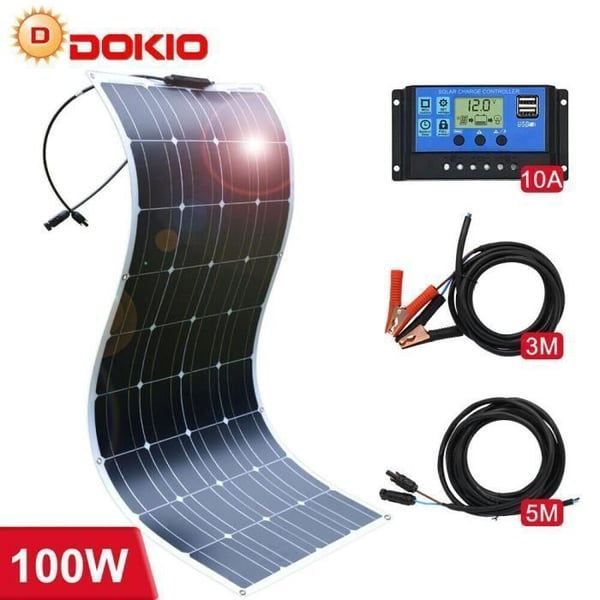 Dokio – fleksible solpaneler 18V/16V, 100W til campingvogn/bil/hus