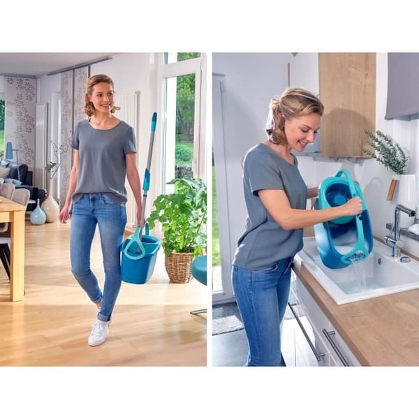 Set med mopp med hink och vridfunktion på hjul Leifheit Clean Twist Disc Mop 52102, fransmopp, mobil hink 6 L