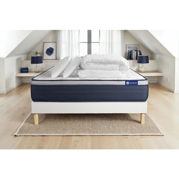 Komplett sängpaket 160x200 cm - Madrass + Sängbotten Vit (i kit) + 2 kuddar + Täcke - Actiflex Ma