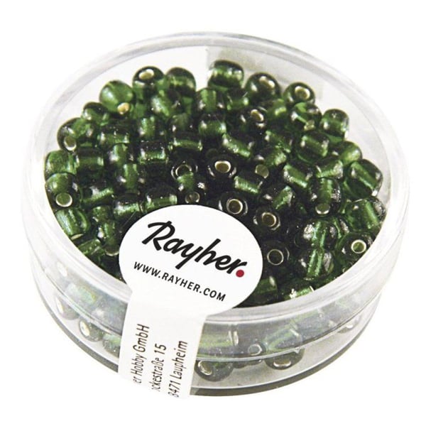 Rocailler med silverkant, 4 mm, grön, kartong 17 g