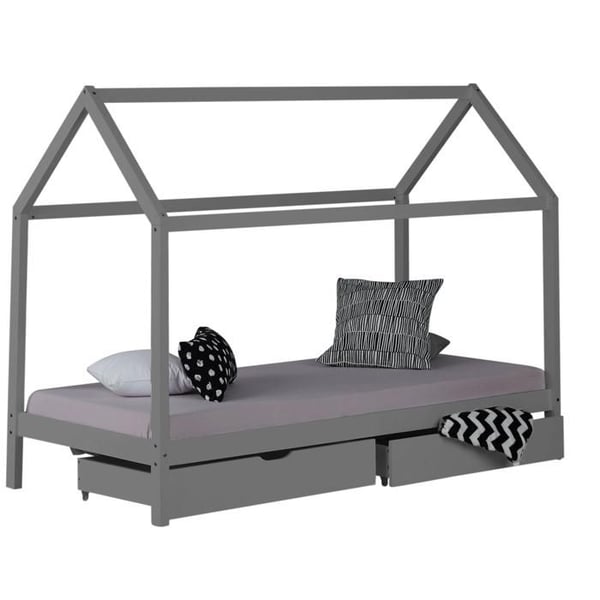 Säng Barn 90x200 cm Grå | Säng Stuga med Lådor | Enkelsäng | med Sängbotten | Trä