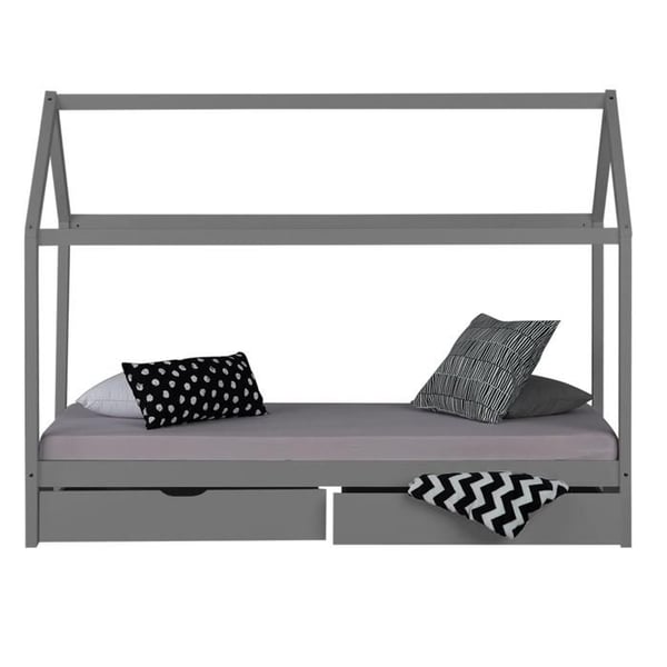 Säng Barn 90x200 cm Grå | Säng Stuga med Lådor | Enkelsäng | med Sängbotten | Trä