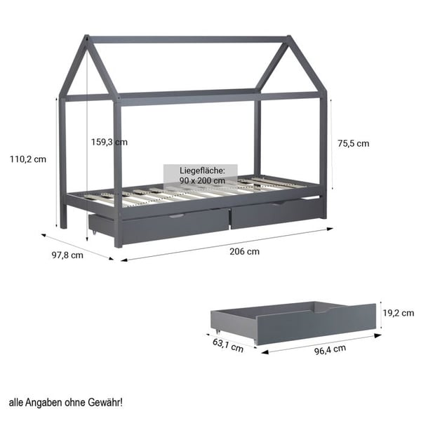 Säng Barn 90x200 cm Grå | Säng Stuga med Lådor | Enkelsäng | med Sängbotten | Trä
