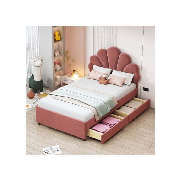 Børneseng - MUVOE - 90 x 200 cm - Blomsterhovedgærde - 2 opbevaringsskuffer - Rosa velour