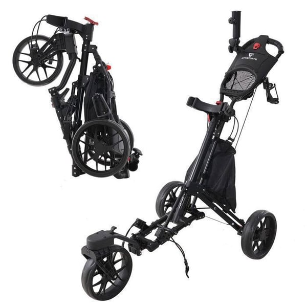CITYSPORTS Golfvogn med 3 hjul, sammenfoldelig, 360°-justerbart håndtag, aftagelig paraplyholder, sort taske