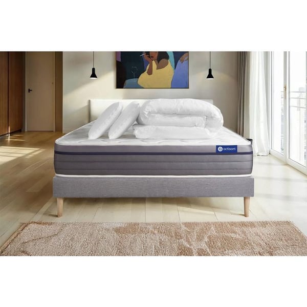 Komplett sängpaket 140x190 cm - Madrass + Sängbotten Grå (i kit) + 2 kuddar + Täcke - ActiMemo Zen