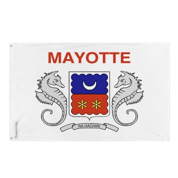 Mayotte flagga – 96 x 144 cm – Hållbar polyester – 2 metall öglor – Inomhus / Utomhus – Pixelforma