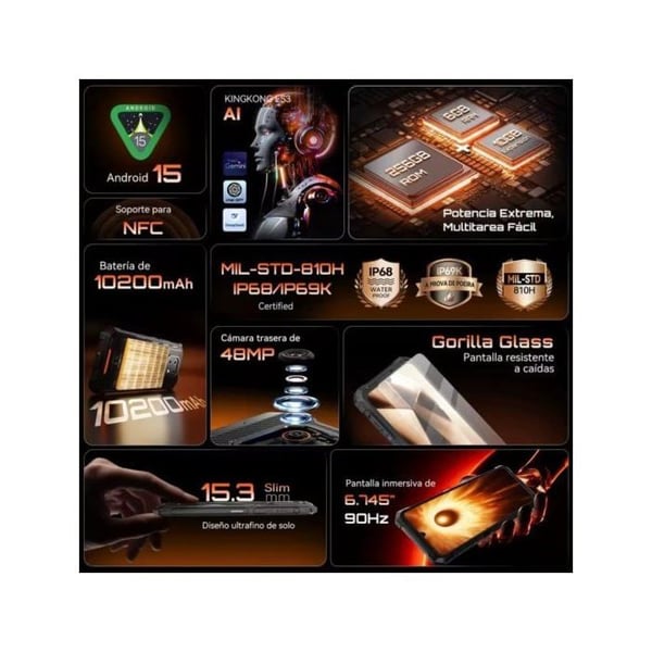 Cubot KingKong ES 3 6GB 256GB 6.74" HD+ 90Hz 4G Dual SIM IP68-certifiering 10200mAh NFC Android 15 Svart