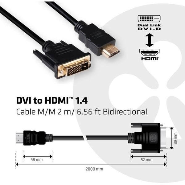 Tilslutningskabel - CLUB 3D - CAC-1210 - DVI-D han - HDMI han - 2 m sort Tilslutningskabel - CLUB 3D - CAC-1210 - DVI-D han - HDMI han - 2 m sort
