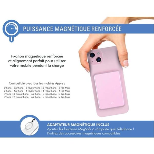 Powerbank 5000mAh - FORCE POWER - Kompatibel med MagSafe - Induktion 15W - Rosé - För iPhone