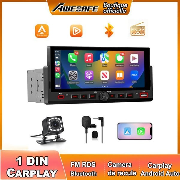 AWESAFE Autoradio Carplay 1 DIN Trådlös 6.86'' IPS Skärm Silver Carplay Android Auto Bluetooth SD Backkamera Inkluderad