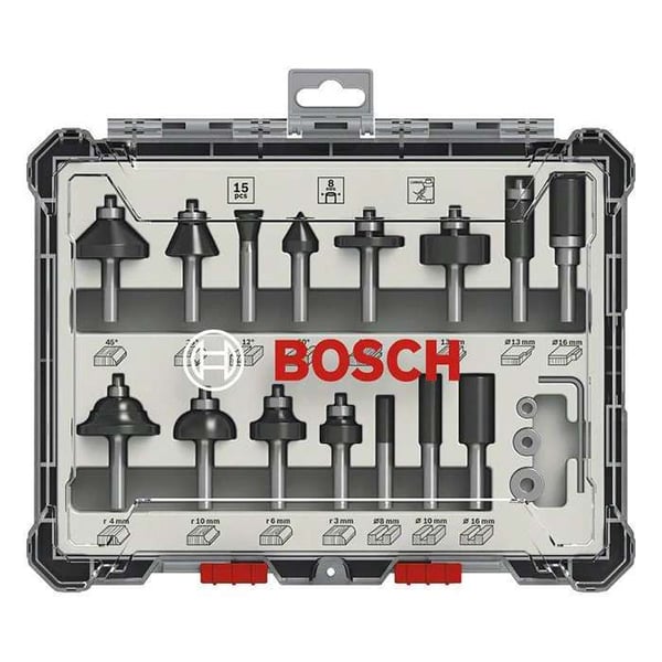 Coffert med fräser - BOSCH - 2607017472 - 15 delar - Svans på 8 mm - Kompatibel med fräsar