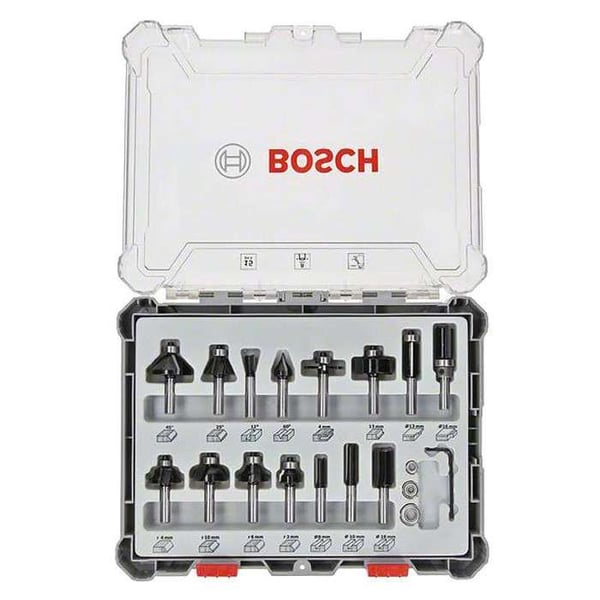 Coffert med fräser - BOSCH - 2607017472 - 15 delar - Svans på 8 mm - Kompatibel med fräsar