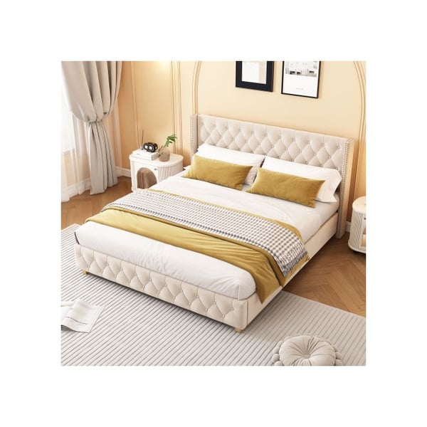 Lit - MUVOE - 180x200 cm - Klädd - Sänggavel med knappar - Ljust beige