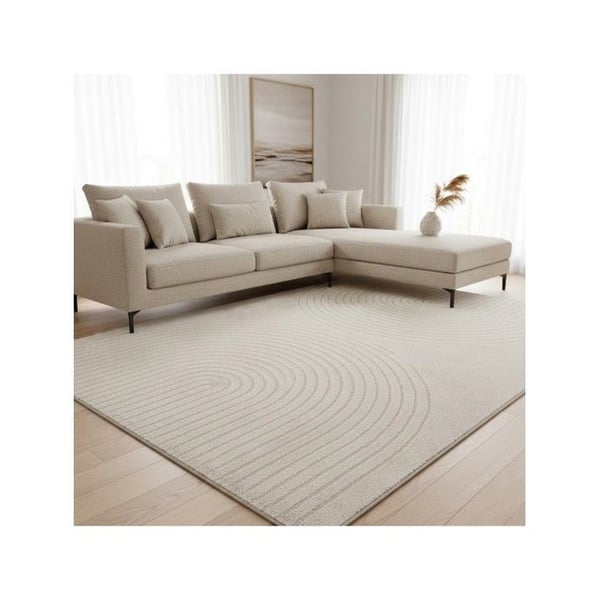 Modern matta med minimalistisk bågmönster, tät sammet 12 mm, designad för samtida salonger (Dimension: 140x200 cm - Färg: Beige)
